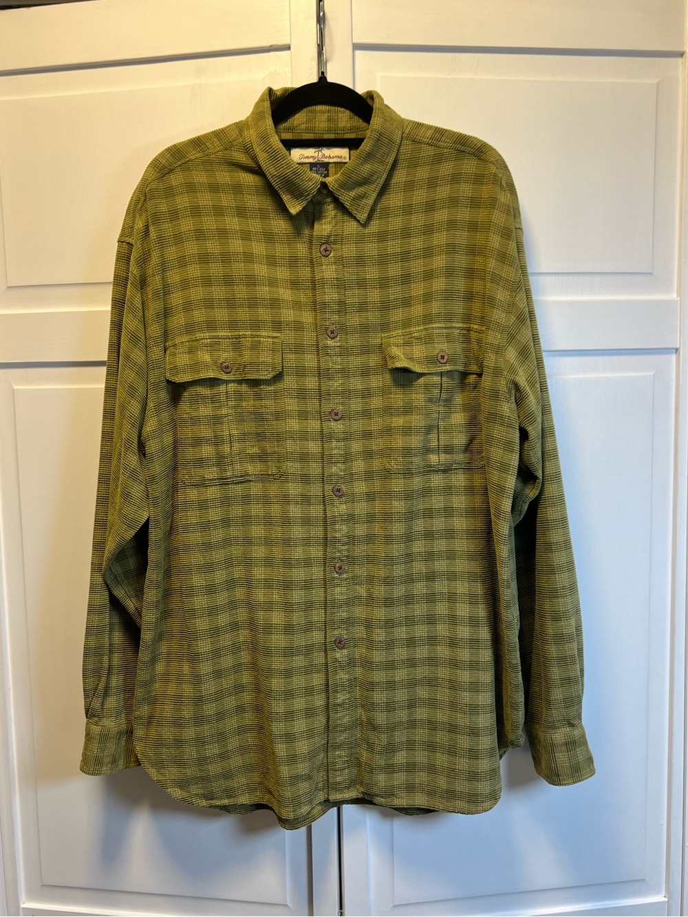 Tommy Bahama Men’s Green Plaid Silk & Cotton Blend Long Sleeve Button Down Shirt